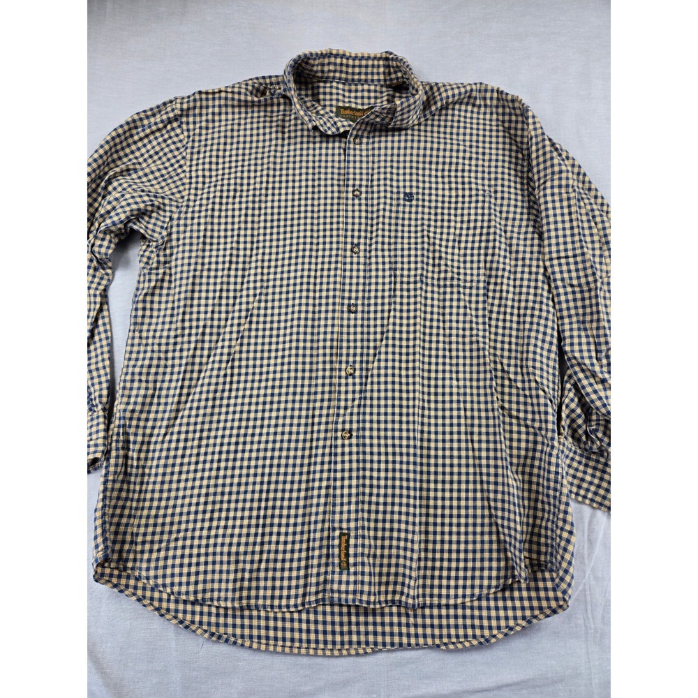 Timberland Weathergear Mens XL Gingham Button Down Shirt Navy Blue Yellow Cotton